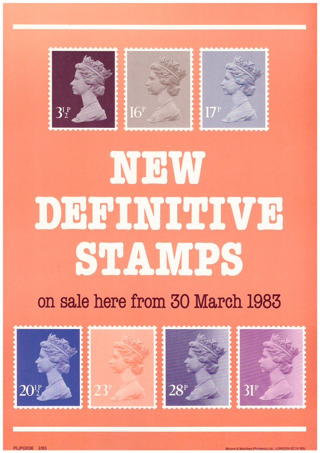 (image for) 1983 New Definitive Stamps Post Office A4 poster. PL(P) 3036 2/83.